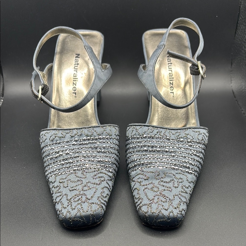 Naturalizer Grayzish Blue Heels with Ankle Straps and Woven Texture
